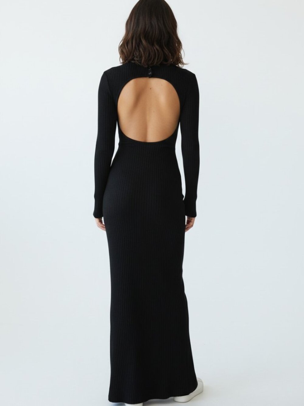ZARA Black Rib Knit Mock Neck Long Sleeve Midi Sweater Dress Womens L